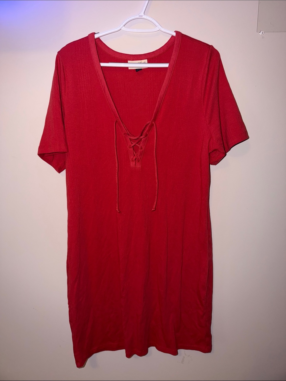 Red Lace-Up V-Neck Women’s T-Shirt Dress
